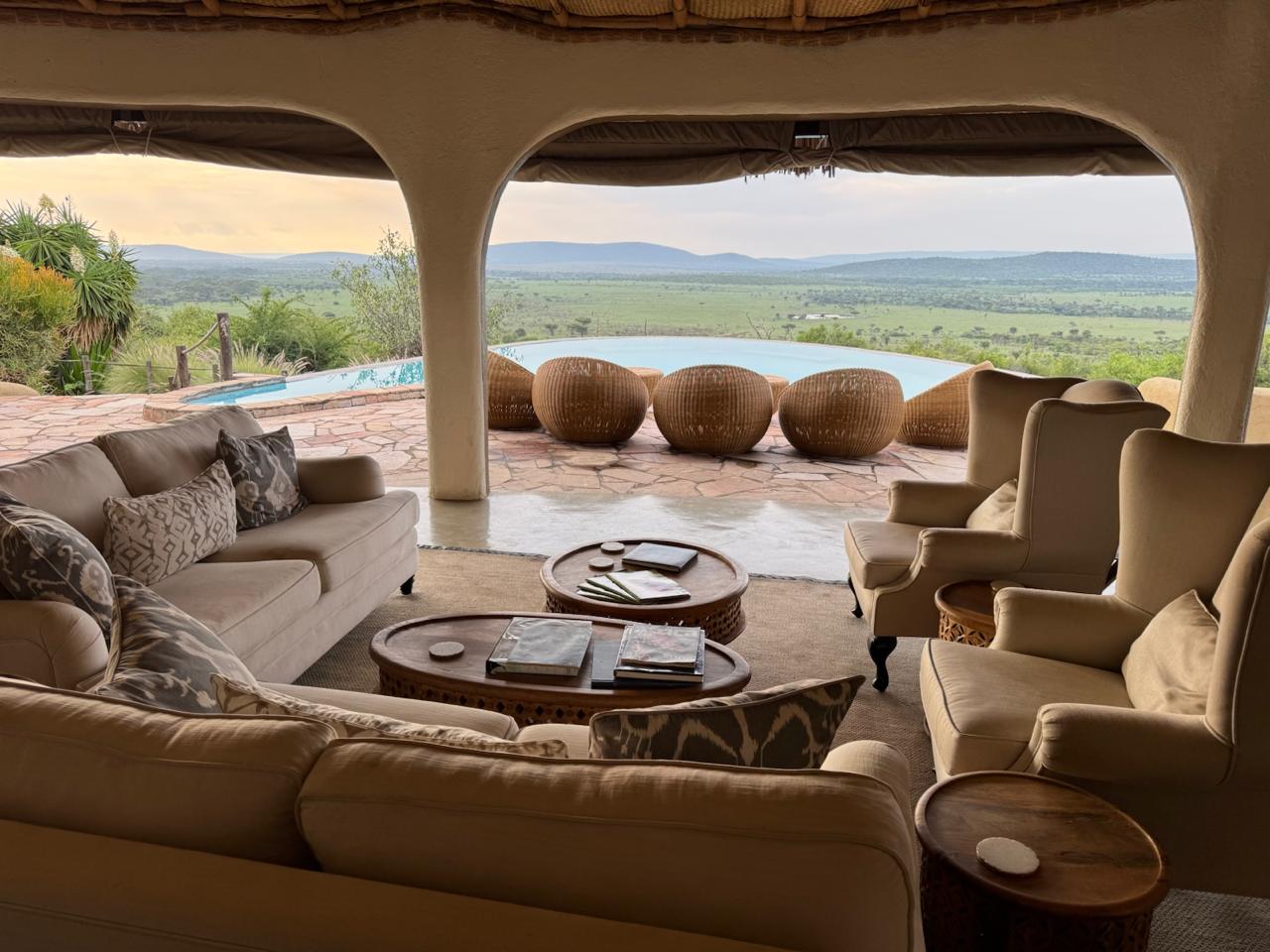 Luxury lodge exterior with wildlife views